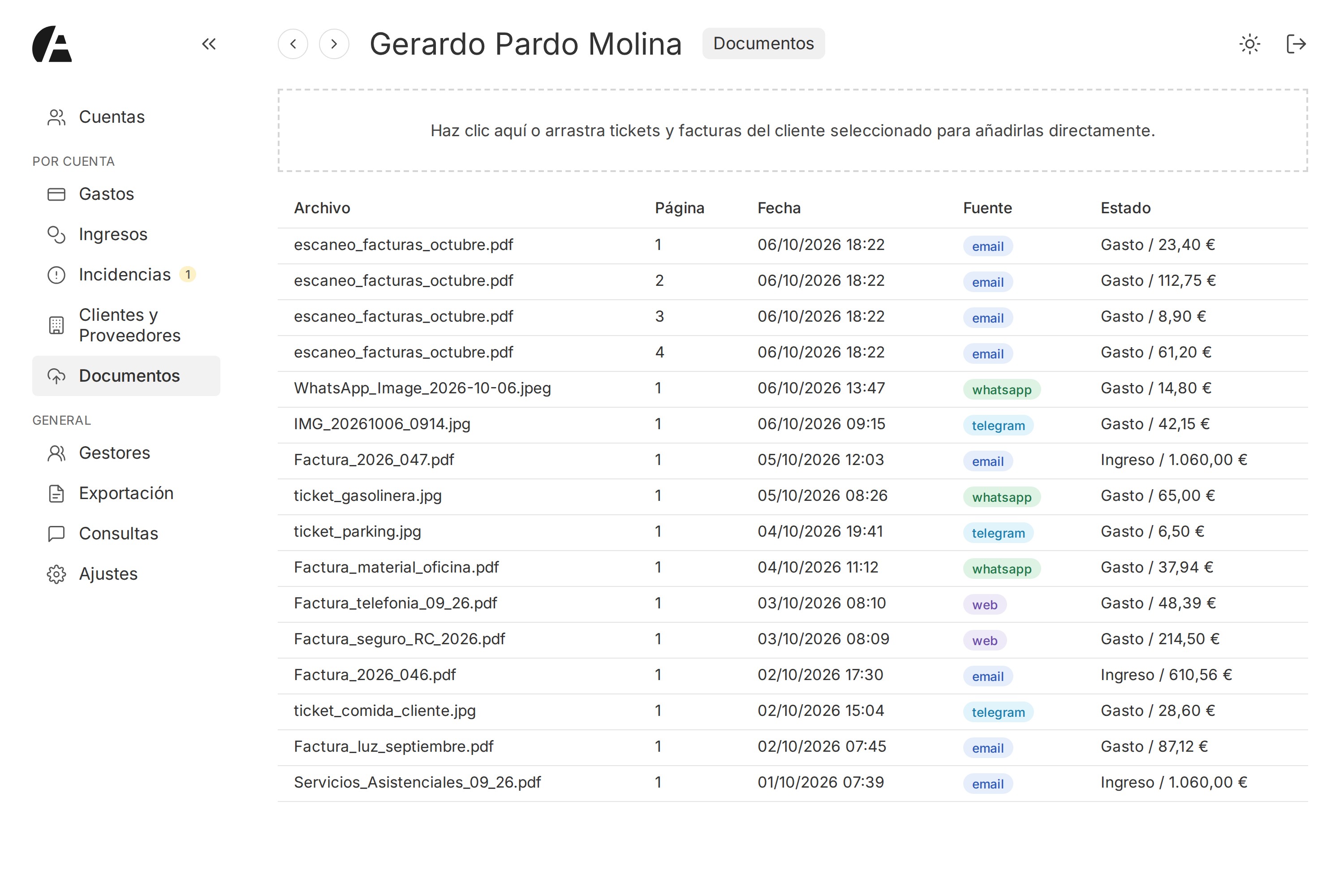 Documentos de un cliente listos para exportar