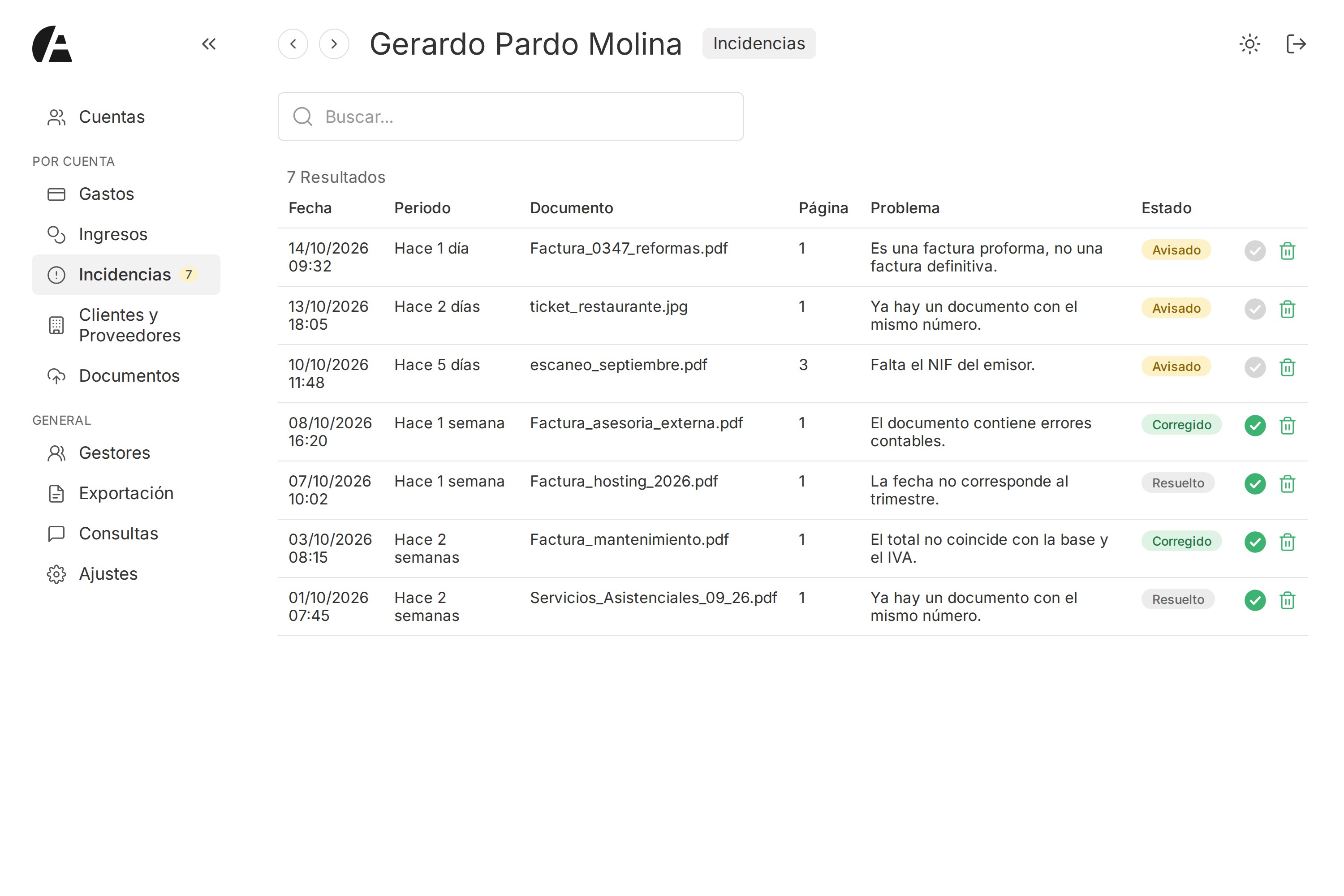 Documento marcado con una incidencia
